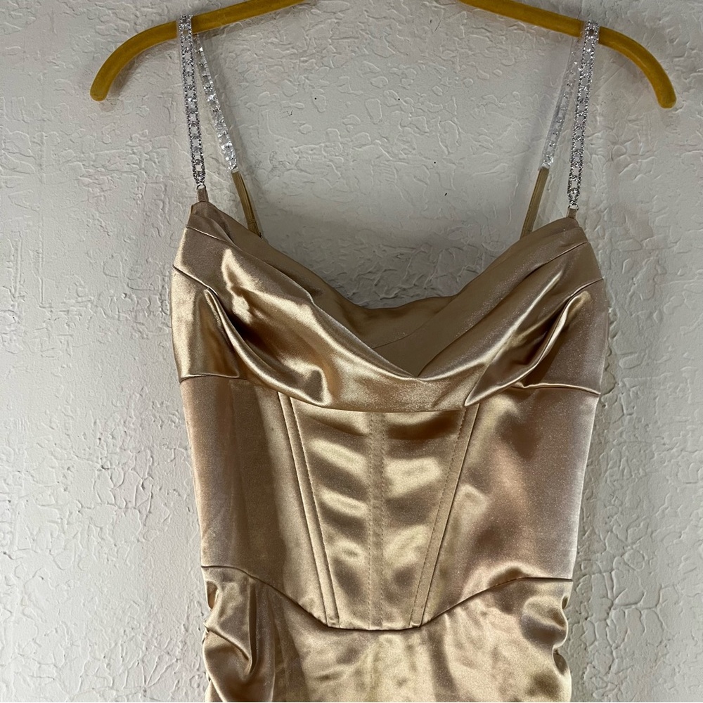 Oh Polly Embellish The Moment Ruched Satin Metallic Knee Length Dress in Gold - Picture 4 of 14